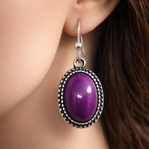 Women's Silver tone Dainty Design Purple Stone Oval Fishhook Teardrop Earrings
